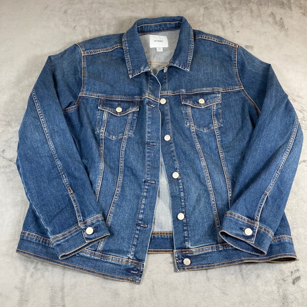 Old Navy womens XXL Tall Blue Denim Trucker Jacket Medium Wash Stretch Cotton